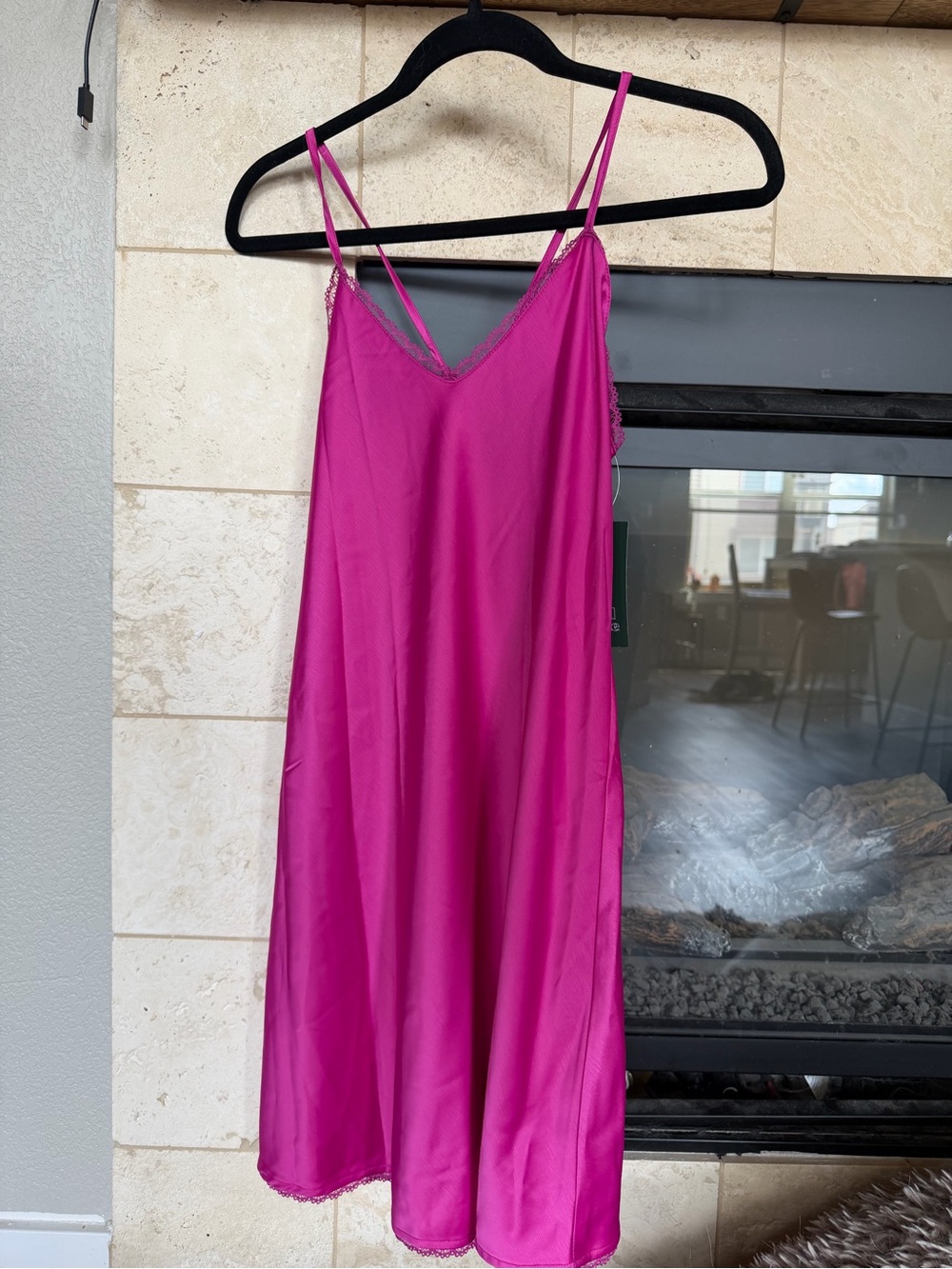 a new day Fuchsia Satin Slip Dress with Lace Trim
